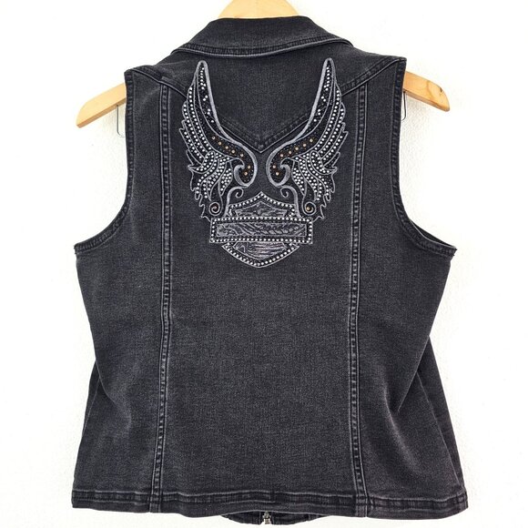 Harley Davidson Womens Sz M Winged Rhinestones Logo Zip-Front Denim Vest Black - Picture 1 of 14